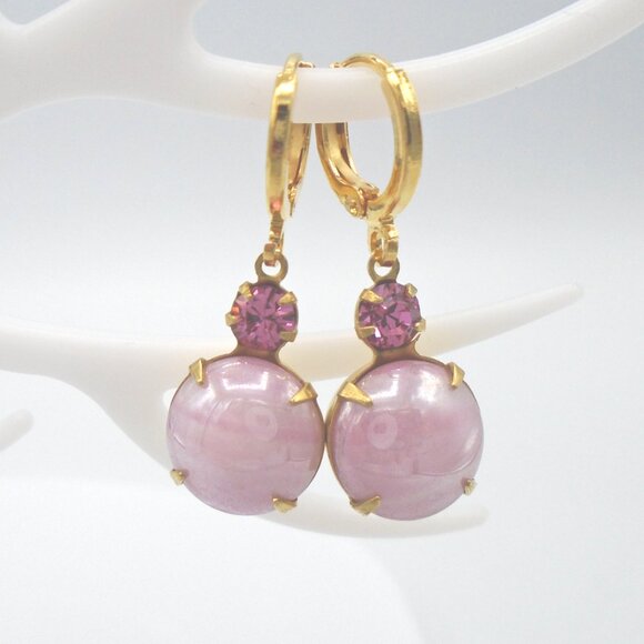 NWT ~VINTAGE DANGLE EARRINGS Peridot, Rose and Sapphire Blue Austrian Glass Gems - Picture 4 of 4